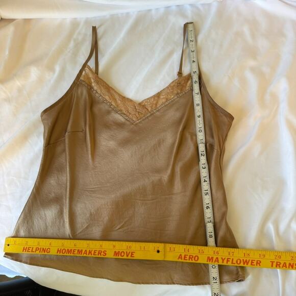 Y2K Silk Lace Trim M Anthropologie White + Warren Tan Beige Lace V Cami 00s - Picture 4 of 4